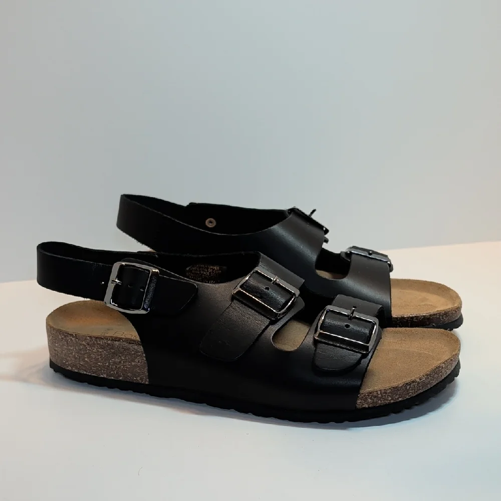 Bos. & Co. Men's Black Leather Sandals With Adjustable Buckle Straps Size 10